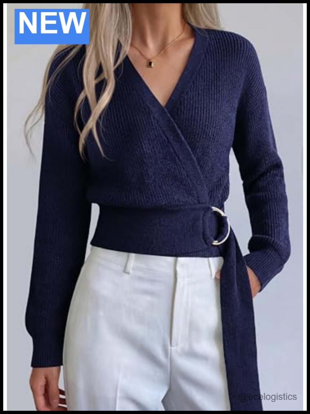 Long Sleeve Wrap V Neck Belted Knit Sweater Women Fall Winter - Picture 2 of 6
